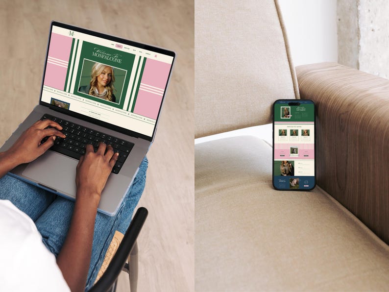 May include: A laptop and smartphone displaying a website with a green, pink, and white color scheme. The laptop shows a person typing, while the phone rests on a beige surface. The website features a portrait and the text "Welcome to MONFALCONE."