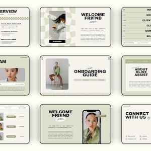 Op de afbeelding: Een verzameling digitale interface-ontwerpen met een neutraal kleurenpalet. De ontwerpen bevatten de tekst "SERVICES OVERVIEW", "WELCOME FRIEND", "ONBOARDING GUIDE", "ABOUT OLIVE ASSIST" en "CONNECT WITH US". De ontwerpen bevatten afbeeldingen van een vrouw.