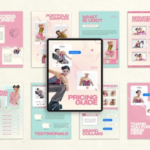 Könnte beinhalten: Eine Sammlung von Marketingmaterialien in Rosa und Türkis, darunter ein Tablet mit einem "Preisleitfaden" und kleinere Seiten mit Texten wie "Erfolgsgeschichten" und "Testimonials". Das Design enthält Bilder einer Person und ein Herz.