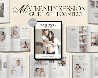 Przewodnik dla klienta CANVA Modern Maternity Session z treścią, wstępnie napisany przewodnik powitalny, edytowalny przewodnik fotograficzny z tekstem, sesja ciążowa