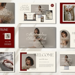 Puede incluir: Una presentación de curso en línea beige y roja con el texto "Comprar el curso en línea" y "Masterclass Slide Deck". La presentación incluye imágenes de una mujer y un arreglo floral.