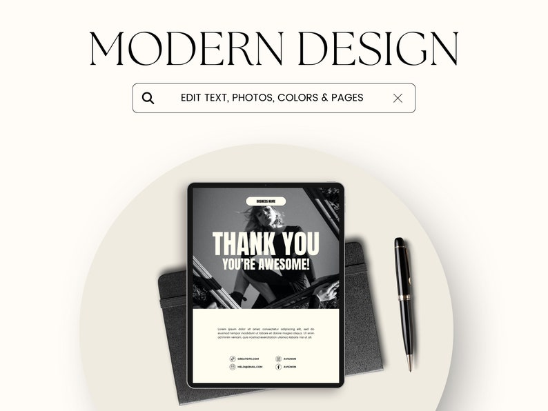 May include: A black and white image of a woman on a tablet screen with the text "THANK YOU YOU'RE AWESOME!" The tablet is on a white surface with a black pen and a black notebook.