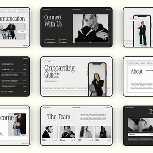 May include: A collection of digital presentation slides with a minimalist design. The slides feature a black and white color scheme with text and images. Topics include "Communication", "Connect With Us", "Onboarding Guide", and "The Team".