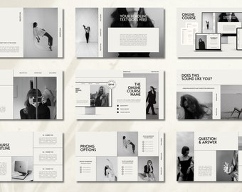 Puede incluir: Diapositivas de presentación en blanco y negro para un curso en línea. Las diapositivas muestran imágenes de una mujer, una computadora portátil y una silla. El texto en las diapositivas incluye "Curso en línea", "Esquema del curso", "Opciones de precios", "Preguntas y respuestas" y "El nombre del curso en línea".
