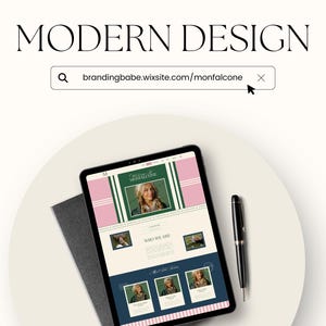 May include: A tablet displaying a website design with a pink and green color scheme, a photo of a woman, and the text "Modern Design." A black pen and a gray notebook are next to the tablet on a white surface.
