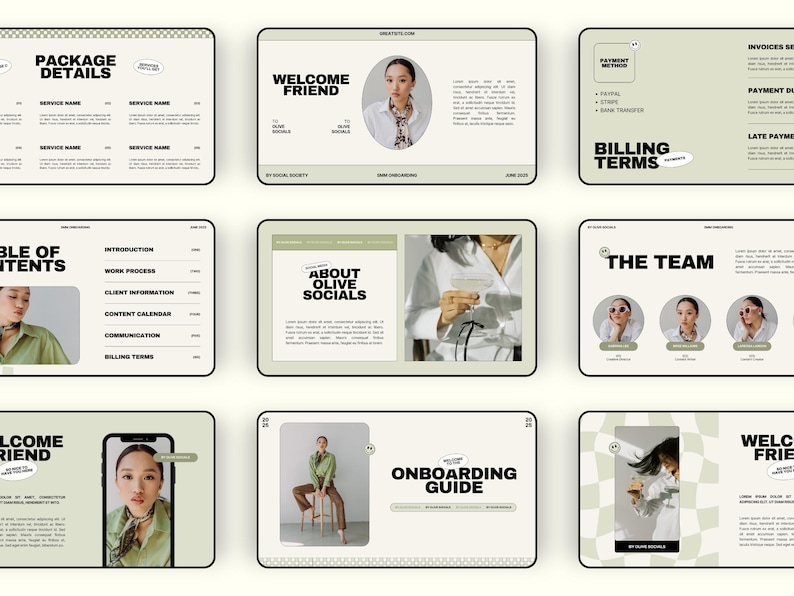 May include: A digital presentation with a light green and cream color scheme. The slides feature text such as "Package Details", "Welcome Friend", "About Olive Socials", and "Onboarding Guide". The presentation includes images of a person.