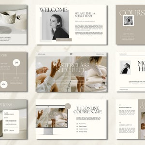 Puede incluir: Una presentación de diapositivas beige y blanca con el título "Masterclass Slide Deck". La presentación incluye imágenes de una mujer sosteniendo una botella de perfume, una computadora portátil y una taza de café. El texto "Bienvenido", "Somos el equipo LA Spezia", "Esquema del curso", "Marco de cinco pasos", "Opciones de membresía", "El nombre del curso en línea", "Encabezado del módulo" y "Tabla de contenido" también se incluye en las diapositivas.