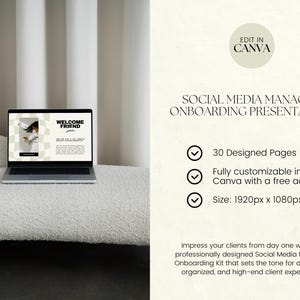 May include: A laptop displaying a presentation with the text "WELCOME FRIEND" on the screen. The image also includes the text "SOCIAL MEDIA MANAGER ONBOARDING PRESENTATION" and "EDIT IN CANVA". The laptop is on a white surface.