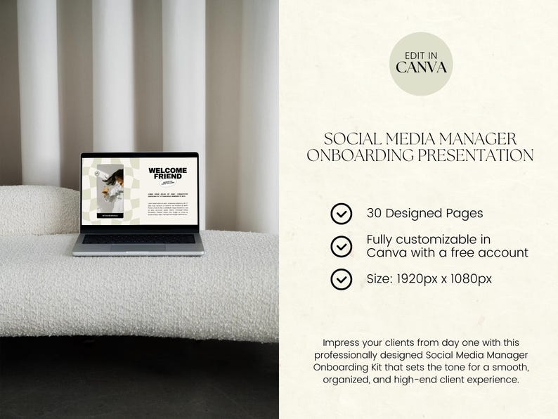 May include: A laptop displaying a presentation with the text "WELCOME FRIEND" on the screen. The image also includes the text "SOCIAL MEDIA MANAGER ONBOARDING PRESENTATION" and "EDIT IN CANVA". The laptop is on a white surface.