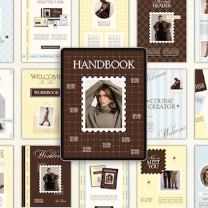 Könnte beinhalten: Ein digitales Tablet zeigt ein braunes Handbuch-Cover mit Gittermuster und einem zentralen, briefmarkenförmigen Rahmen, der ein Foto einer Person in einem Rollkragenpullover enthält. Das Wort HANDBOOK ist oben auf dem Bildschirm weiß gedruckt.