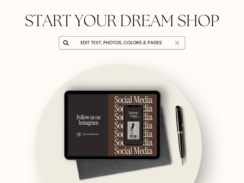 K&ouml;nnte beinhalten: Ein Mockup eines Tablets und eines Telefonbildschirms, auf dem eine Social-Media-Marketing-Vorlage mit dem Text "Social Media" und "Folge uns auf Instagram" angezeigt wird. Das Tablet und das Telefon befinden sich auf einer wei&szlig;en Oberfl&auml;che mit einem schwarzen Stift.
