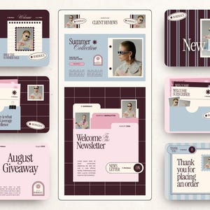 May include: A collection of digital marketing templates featuring various layouts in shades of pink, blue, and dark purple. The designs include text such as New Product, Client Reviews, Welcome to the Newsletter, August Giveaway, and Thank you for placing an order.