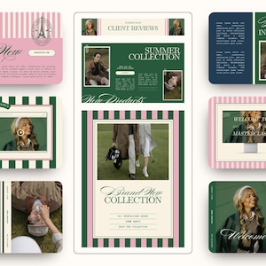 May include: A digital display featuring various promotional graphics with a pink and green striped border. The graphics include text such as "New," "Summer Collection," and "Brand New Collection," along with images of people and products.