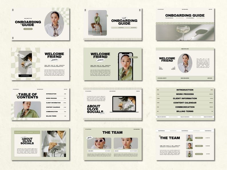 May include: A collection of light beige slides with text and images. The slides include the phrases "Onboarding Guide", "Welcome Friend", "Table of Contents", "About Olive Socials", and "The Team". The images feature a woman in various poses.