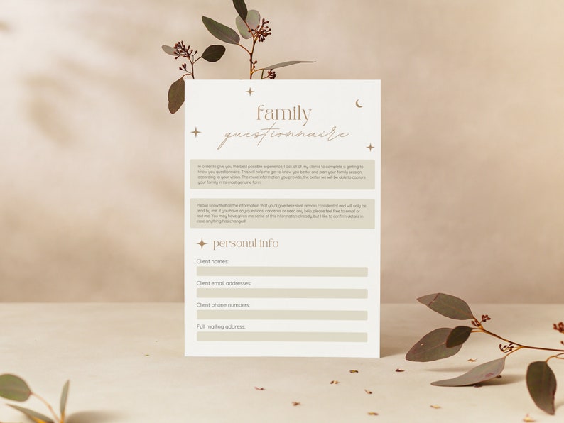 Family Session Photography Client Questionnaire Form Canva Etsy