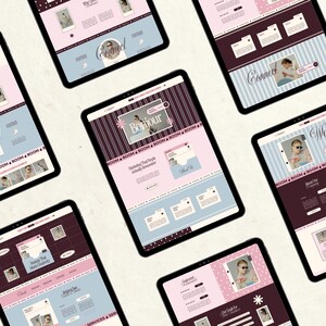 May include: Seven tablets arranged in a circular pattern, each displaying a unique website interface design. The screens feature a color palette of soft pink, light blue, and dark maroon, incorporating text elements like Bonjour, Connect, and Welcome.