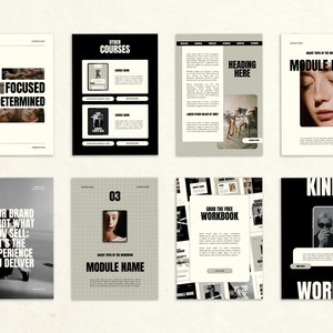 May include: A digital course curriculum with a black and white color scheme. The course is titled "Kind Words" and features a photo of a person wearing sunglasses. The course includes modules on staying focused, building a brand, and a free workbook.