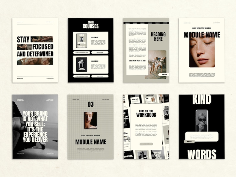 May include: A digital course curriculum with a black and white color scheme. The course is titled "Kind Words" and features a photo of a person wearing sunglasses. The course includes modules on staying focused, building a brand, and a free workbook.