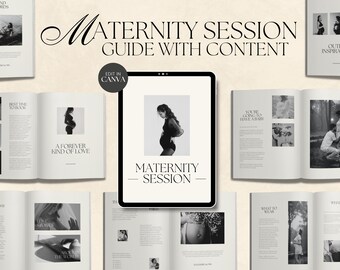 Przewodnik dla klienta CANVA Modern Maternity Session z treścią, wstępnie napisany przewodnik powitalny, edytowalny przewodnik fotograficzny z tekstem, sesja ciążowa