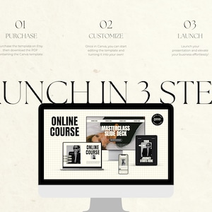 Puede incluir: Una pantalla de ordenador que muestra una maqueta de un sitio web para un curso en l&iacute;nea. El sitio web tiene un esquema de color blanco y negro y presenta una foto de una persona con gafas de sol. El texto en la pantalla dice "Curso en l&iacute;nea" y "Masterclass Slide Deck". La pantalla est&aacute; sobre un fondo blanco con el texto "LANZAMIENTO EN 3 PASOS" encima. El texto debajo de la pantalla dice "01 COMPRA", "02 PERSONALIZAR" y "03 LANZAMIENTO".