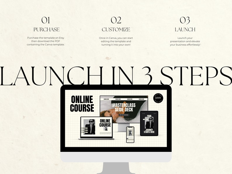 Puede incluir: Una pantalla de ordenador que muestra una maqueta de un sitio web para un curso en l&iacute;nea. El sitio web tiene un esquema de color blanco y negro y presenta una foto de una persona con gafas de sol. El texto en la pantalla dice "Curso en l&iacute;nea" y "Masterclass Slide Deck". La pantalla est&aacute; sobre un fondo blanco con el texto "LANZAMIENTO EN 3 PASOS" encima. El texto debajo de la pantalla dice "01 COMPRA", "02 PERSONALIZAR" y "03 LANZAMIENTO".