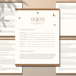 May include: A client contract template with a minimalist design featuring stars and a crescent moon. The contract includes sections for client information, shooting details, and an entire agreement.