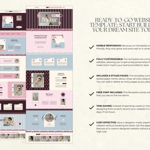 May include: A digital website template layout featuring a color palette of pink, blue, and dark purple. The design includes sections for services, blog posts, and contact information, with text reading READY-TO-GO WEBSITE TEMPLATE: START BUILDING YOUR DREAM SITE TODAY.