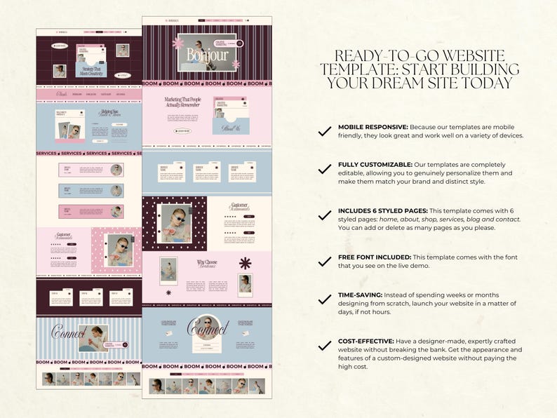 May include: A digital website template layout featuring a color palette of pink, blue, and dark purple. The design includes sections for services, blog posts, and contact information, with text reading READY-TO-GO WEBSITE TEMPLATE: START BUILDING YOUR DREAM SITE TODAY.