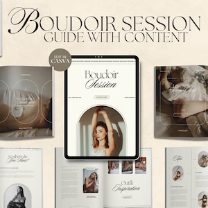 May include: A guide for a boudoir photo session with tips and inspiration for outfits, poses, and locations. The guide is designed to be edited in Canva and includes the text "Boudoir Session" and "Edit in Canva".