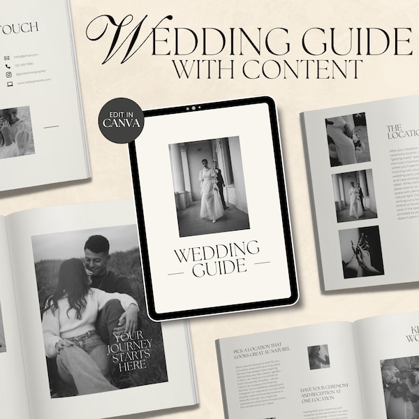 CANVA Modern Minimalist Hochzeitsfotografie Kundenleitfaden mit Inhalt, vorgefertigtem Willkommensleitfaden, bearbeitbarem Elopement Magazine Template