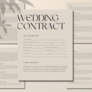 May include: A wedding contract template with a minimalist design. The contract includes sections for client information, entire agreement, and photographer responsibilities.