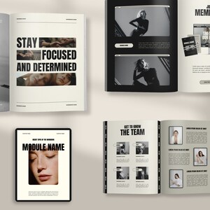 May include: A black and white magazine spread with the text "JOIN OUR MEMBERSHIP" and "STAY FOCUSED AND DETERMINED". The magazine also features images of people and a computer screen.