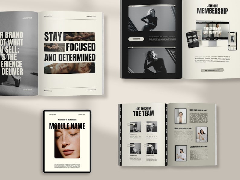 May include: A black and white magazine spread with the text "JOIN OUR MEMBERSHIP" and "STAY FOCUSED AND DETERMINED". The magazine also features images of people and a computer screen.