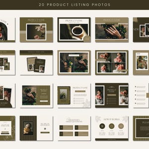 May include: A set of 20 product listing photos showcasing a range of images, including a woman holding flowers, a cup of coffee, a hand with a ring, and a floral arrangement. The photos are designed in a minimalist style with a green and white colour scheme.
