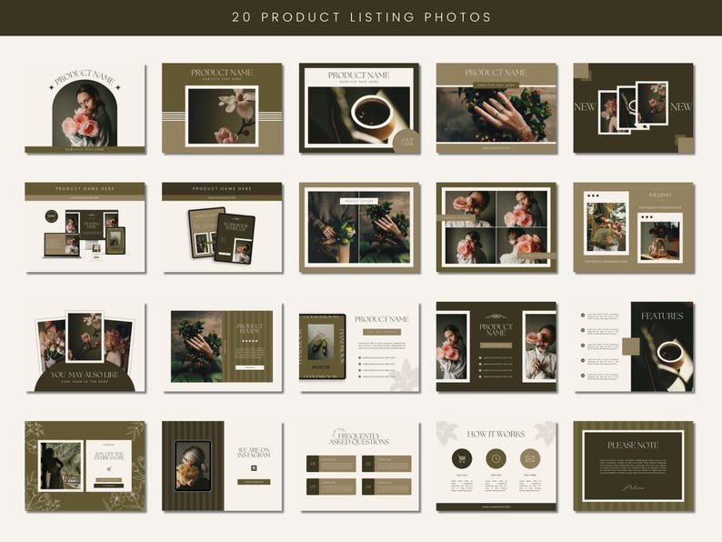 May include: A set of 20 product listing photos showcasing a range of images, including a woman holding flowers, a cup of coffee, a hand with a ring, and a floral arrangement. The photos are designed in a minimalist style with a green and white colour scheme.