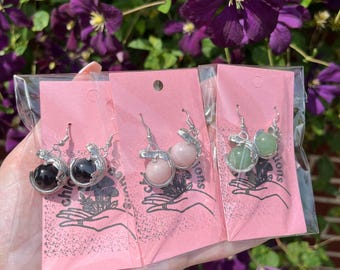 Lizard-Wrapped Crystal Earrings – Obsidian, Rose Quartz, & Aventurine | Sterling Silver Handmade Jewelry