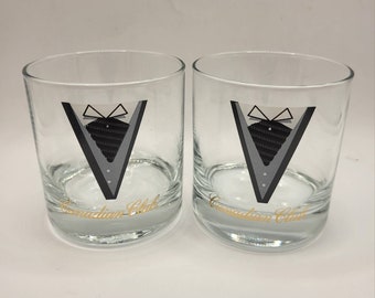 Vintage Set of two Canadian Club Weighted Whiskey Glasses featuring a Tuxedo motif, 1960s.