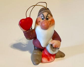Vintage The Walt Disney Co GRUMPY  Holding a Heart  and Stocking Porcelain Bisque Ornament by Schmid