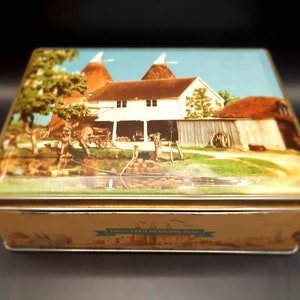 Vintage English Biscuit Box Kent Scene Grigg Farm Headcorn Vintage Edward Sharp Toffee Tin Advertising Collectible made in England 1950s