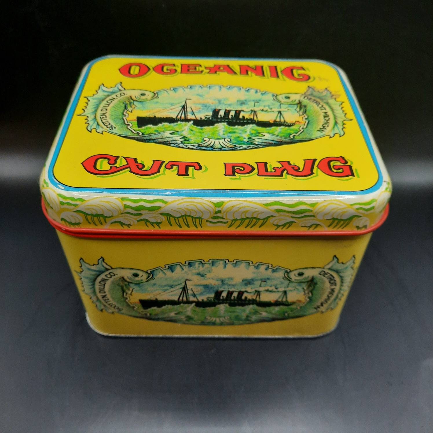 oceanic cut plug tobacco tin Vintage Oceanic Cut Plug Tobacco Tin Industrial Metal Union Made Detroit  1970s