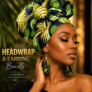 May include: A headwrap and earring bundle featuring a fabric headwrap with a green, yellow, and dark blue abstract pattern. The set includes a pair of matching fabric-covered drop earrings with gold-tone hardware. Text reads: HEADWRAP & EARRING Bundle.