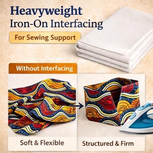 May include: Image shows white heavyweight iron-on interfacing for sewing support. The image also shows a piece of fabric before and after interfacing, demonstrating the difference in texture and structure. The text reads "Soft & Flexible" and "Structured & Firm".