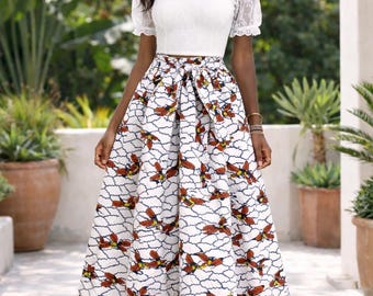 Ankara Wrap Maxi Skirt | African Print Cotton, Adjustable Waist, white with red bird