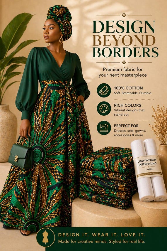 Ankara Fabric 12 Yards African Wax Print with Interfacing for Dresses, Headwraps designers kit