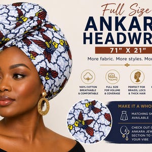 May include: A woman wearing a full-size Ankara headwrap. The headwrap is white with a repeating pattern of red and yellow birds. The text on the image reads "Full Size Ankara Headwrap" and measures 71" x 21".