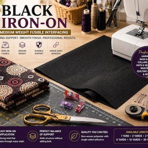 Puede incluir: Una hoja de entretela termoadhesiva negra de peso medio con adhesivo de una cara. El producto incluye texto como BLACK IRON-ON, MEDIUM WEIGHT FUSIBLE INTERFACING y enumera longitudes disponibles desde 1 yarda hasta un rollo de 30 yardas.