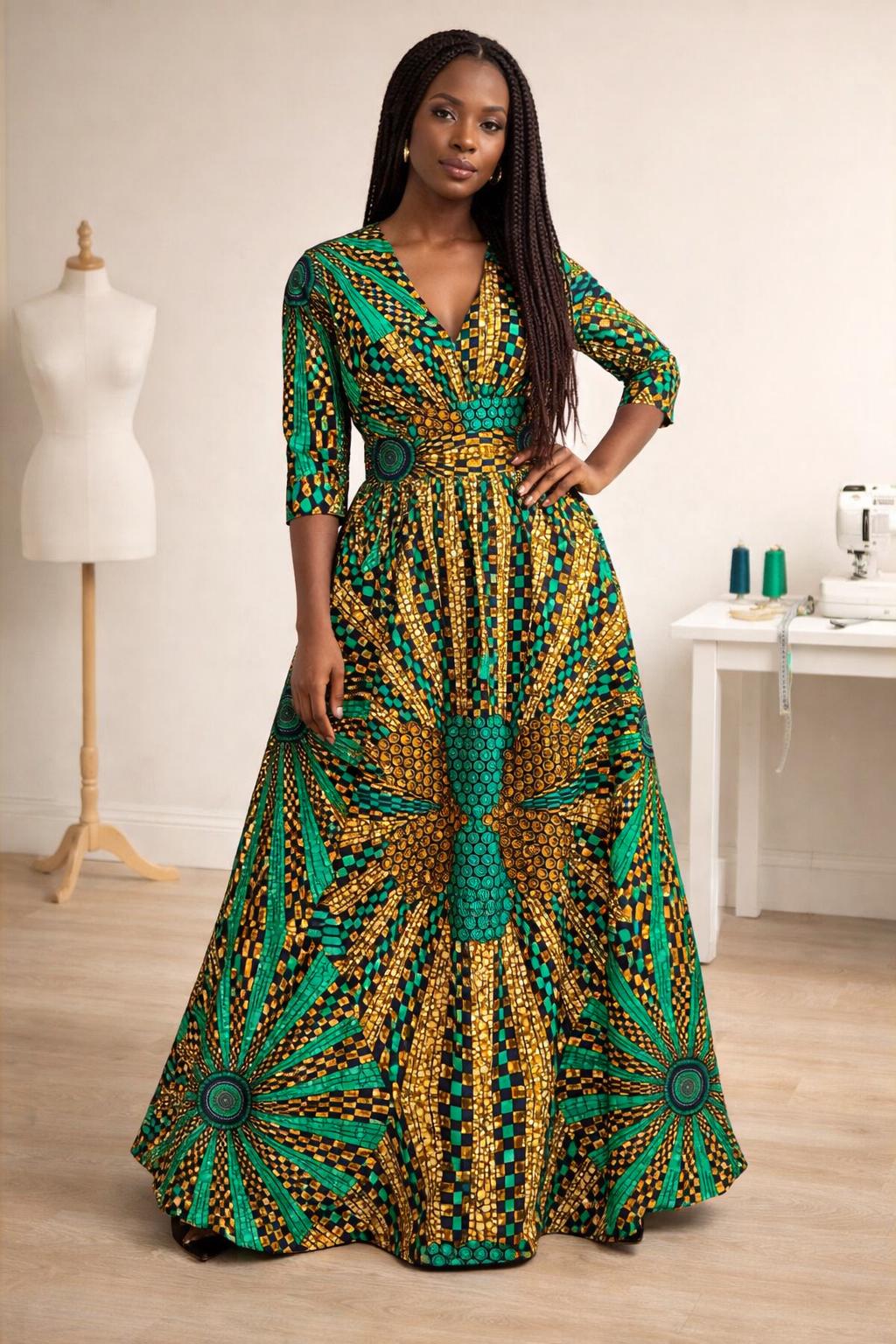 lime green african dress Dreams Green Àdìrẹ Afrobe – Hand Dyed African Dress, Boho Robe, Festival Kimono S/M / 60 Inches main image 0