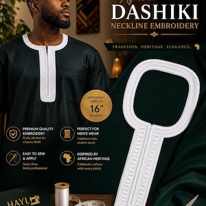 Men's Embroidered Dashiki Neckline Trim – White African Agbada Sew-On Appliqué (16 Inch)
