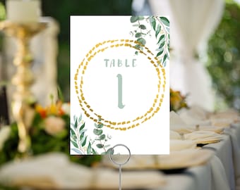 Szablon numerów stołów, numery stołów, spersonalizowane, pobieralne i dostosowywane karty stołów na wydarzenia 5x7, szablon stołu w złotym okręgu