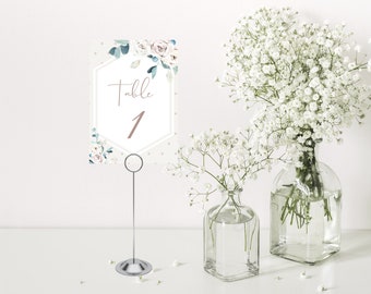 Szablon numerów stołów, numery stołów, spersonalizowane, pobieralne i dostosowywane karty stołów na wydarzenia 5x7, elegancki szablon stołu z motywem kwiatowym